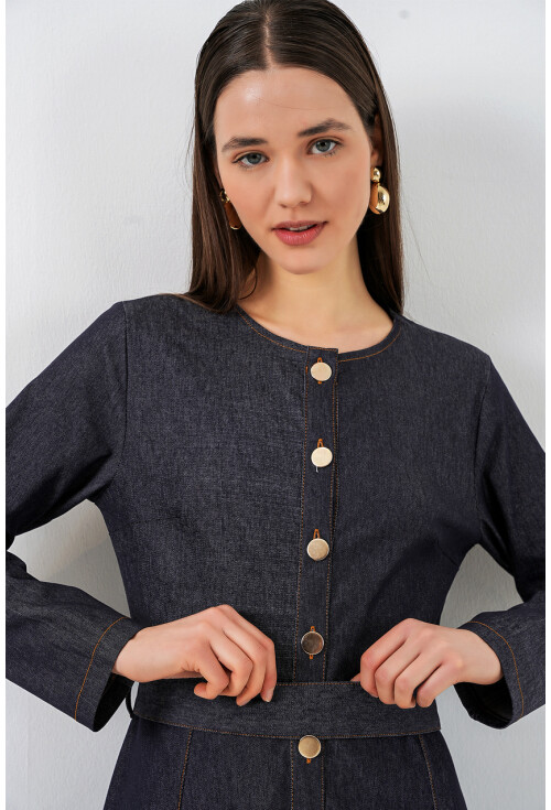 Kadın Kuşaklı Uzun Denim Elbise 2595