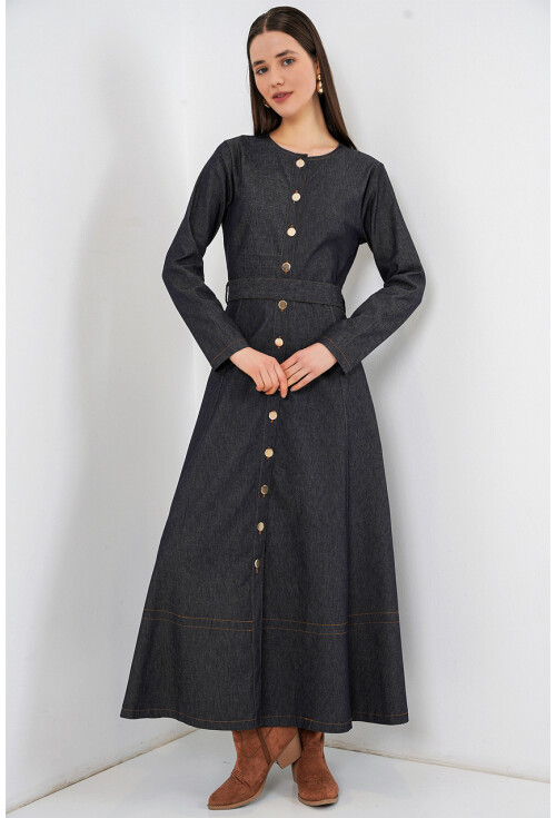 Kadın Kuşaklı Uzun Denim Elbise 2595
