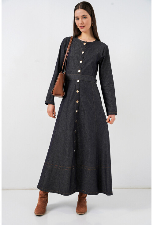 Kadın Kuşaklı Uzun Denim Elbise 2595