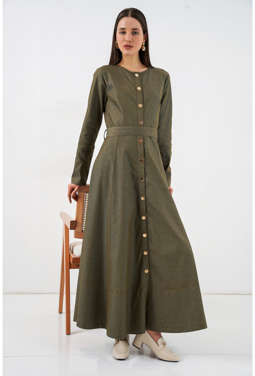 Kadın Kuşaklı Uzun Denim Elbise 2595