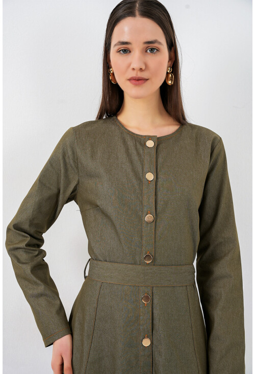 Kadın Kuşaklı Uzun Denim Elbise 2595