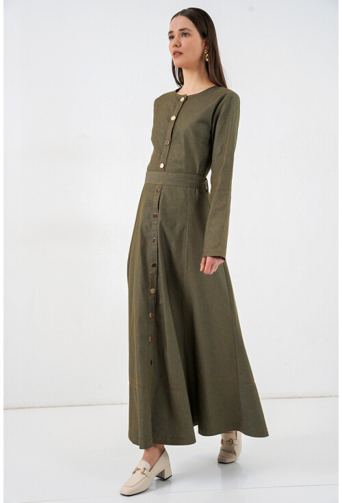 Kadın Kuşaklı Uzun Denim Elbise 2595