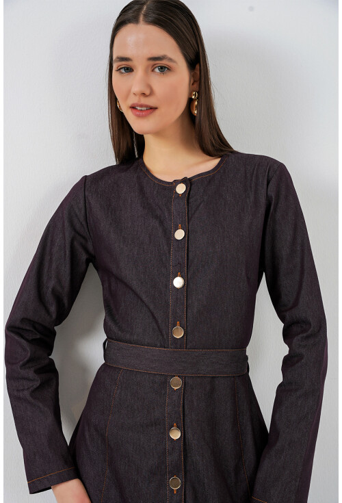 Kadın Kuşaklı Uzun Denim Elbise 2595