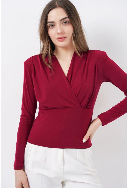 Kadın Omuz Vatkalı Kruvaze Yaka Bluz 942