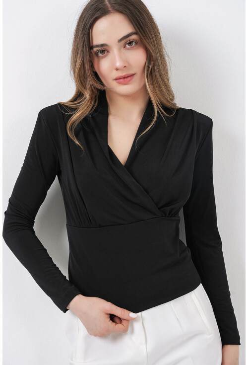 Kadın Omuz Vatkalı Kruvaze Yaka Bluz 942