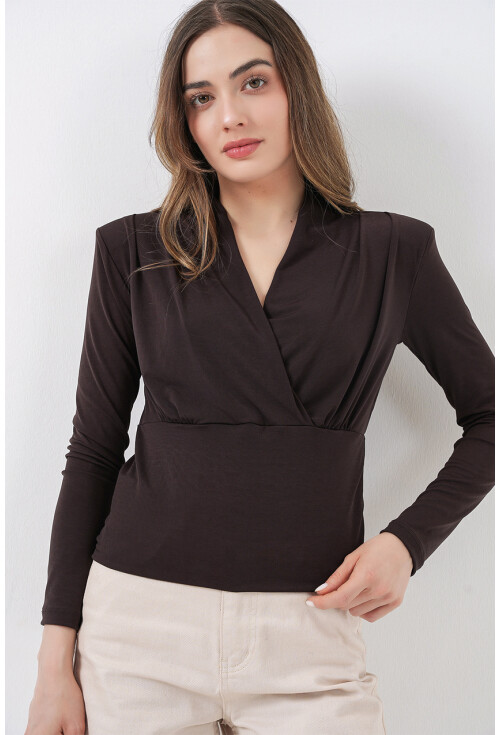 Kadın Omuz Vatkalı Kruvaze Yaka Bluz 942