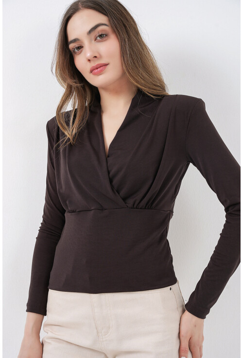 Kadın Omuz Vatkalı Kruvaze Yaka Bluz 942