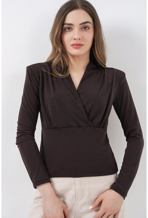 Kadın Omuz Vatkalı Kruvaze Yaka Bluz 942