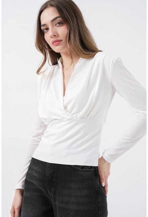 Kadın Omuz Vatkalı Kruvaze Yaka Bluz 942