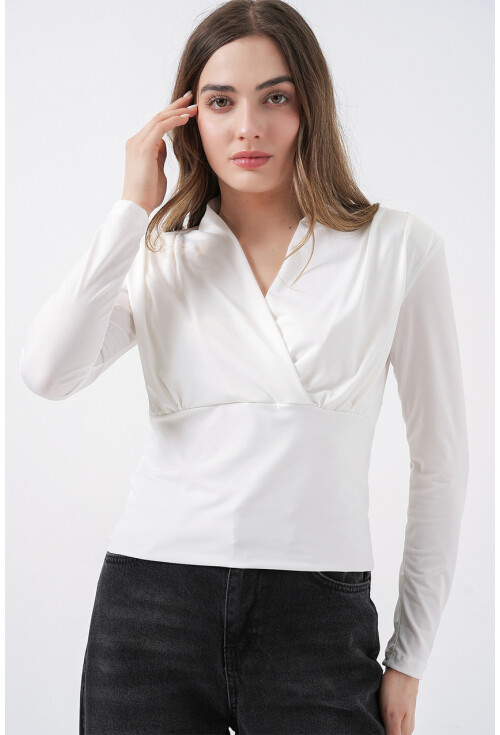 Kadın Omuz Vatkalı Kruvaze Yaka Bluz 942