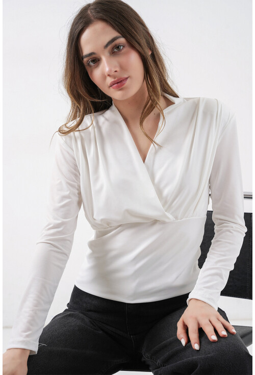 Kadın Omuz Vatkalı Kruvaze Yaka Bluz 942
