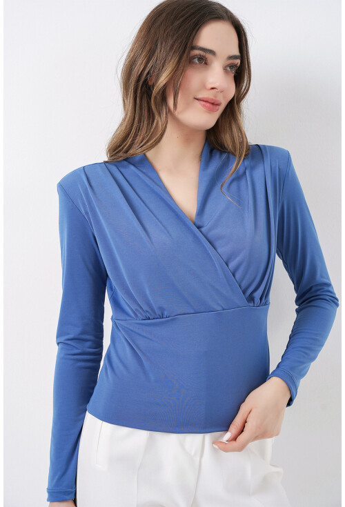 Kadın Omuz Vatkalı Kruvaze Yaka Bluz 942