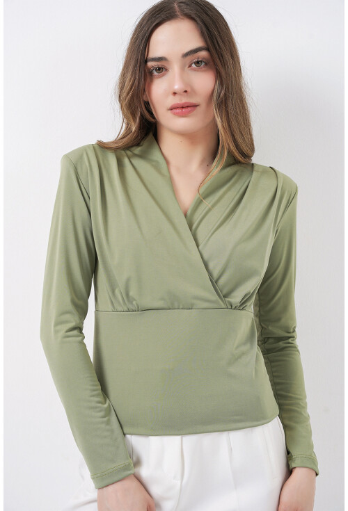 Kadın Omuz Vatkalı Kruvaze Yaka Bluz 942