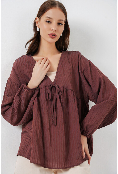 Kadın Önü Bağcıklı Uzun Kol Bluz 946