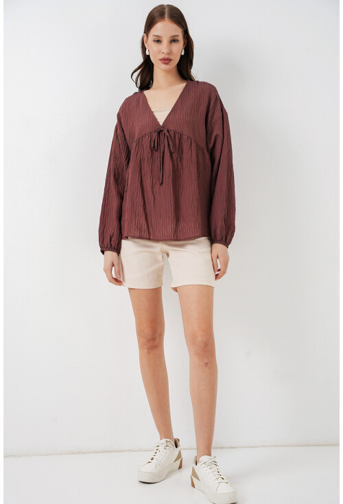 Kadın Önü Bağcıklı Uzun Kol Bluz 946