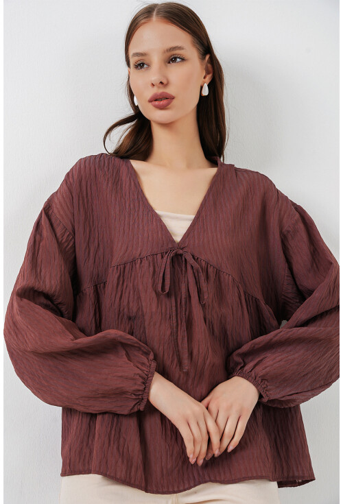 Kadın Önü Bağcıklı Uzun Kol Bluz 946