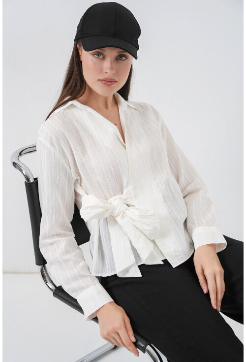 Kadın Önü Bağlamalı Çizgili Gömlek 20362