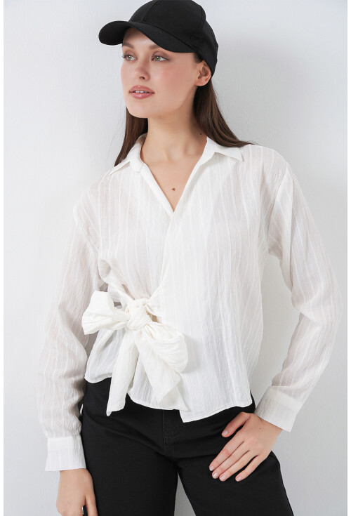 Kadın Önü Bağlamalı Çizgili Gömlek 20362