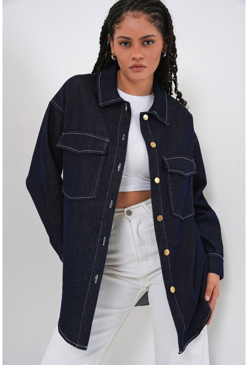 Kadın Oversize Çift Cepli Kot Gömlek 20364