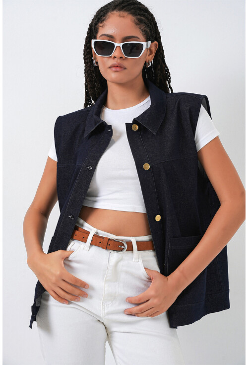 Kadın Oversize Çift Cepli Kot Yelek 6810