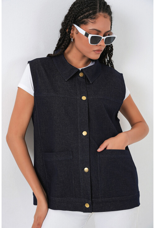 Kadın Oversize Çift Cepli Kot Yelek 6810