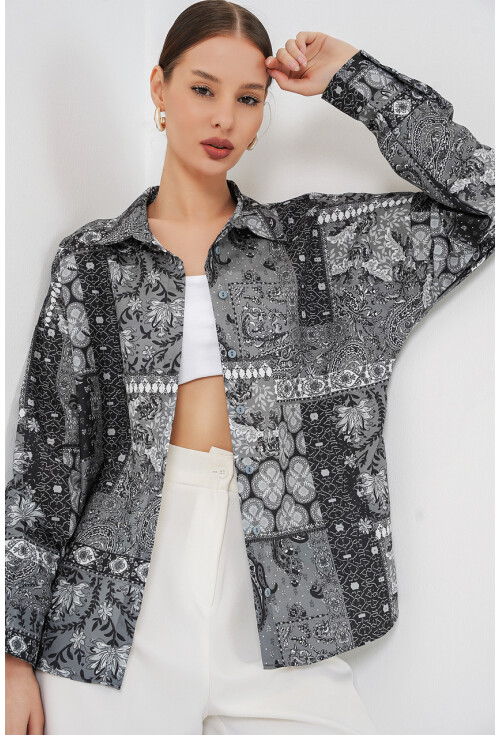 Kadın Oversize Desenli Saten Gömlek 20365