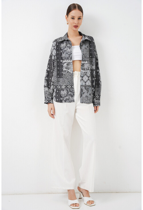 Kadın Oversize Desenli Saten Gömlek 20365