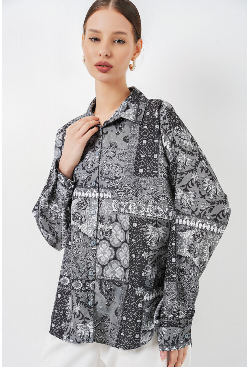 Kadın Oversize Desenli Saten Gömlek 20365
