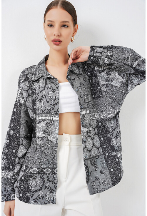 Kadın Oversize Desenli Saten Gömlek 20365