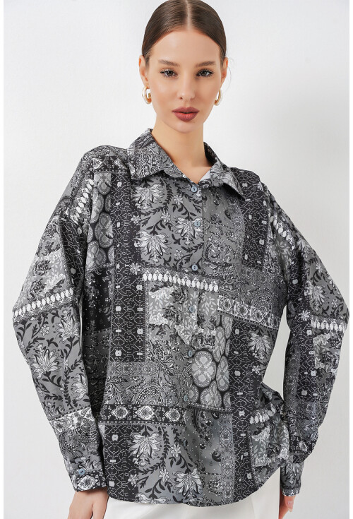 Kadın Oversize Desenli Saten Gömlek 20365
