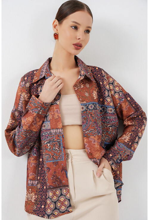 Kadın Oversize Desenli Saten Gömlek 20365