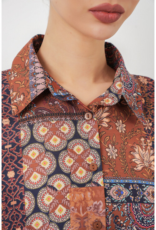 Kadın Oversize Desenli Saten Gömlek 20365