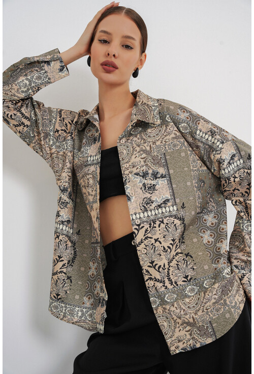 Kadın Oversize Desenli Saten Gömlek 20365