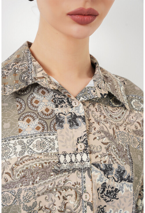 Kadın Oversize Desenli Saten Gömlek 20365