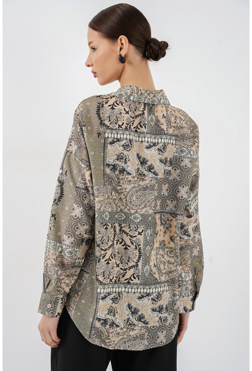 Kadın Oversize Desenli Saten Gömlek 20365
