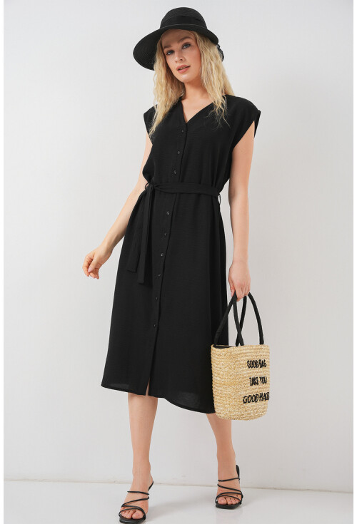 Kadın Sıfır Kol Kuşaklı Ayrobin Elbise 2568