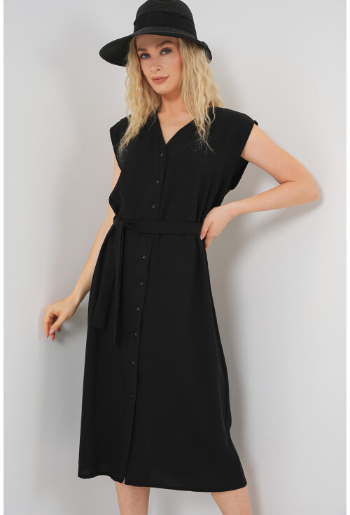 Kadın Sıfır Kol Kuşaklı Ayrobin Elbise 2568