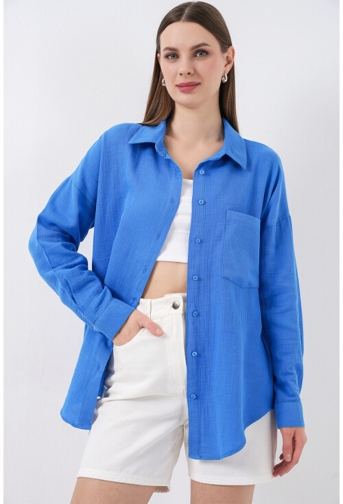 Kadın Tek Cepli Oversize Müslin Gömlek 20353