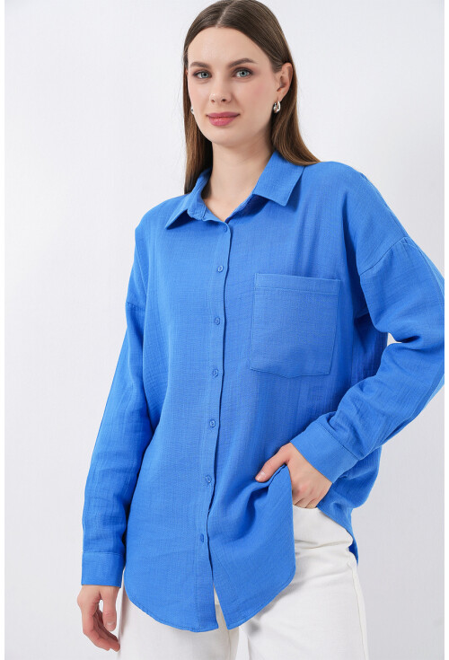 Kadın Tek Cepli Oversize Müslin Gömlek 20353