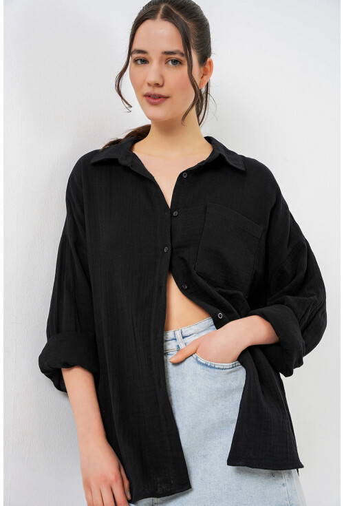 Kadın Tek Cepli Oversize Müslin Gömlek 20353