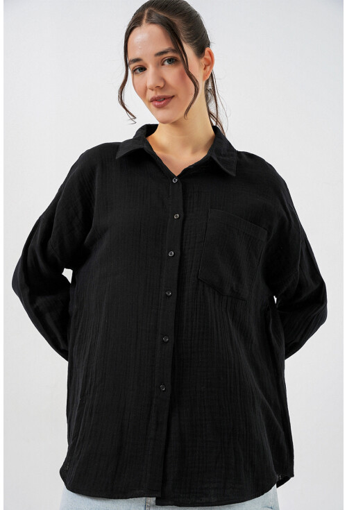 Kadın Tek Cepli Oversize Müslin Gömlek 20353