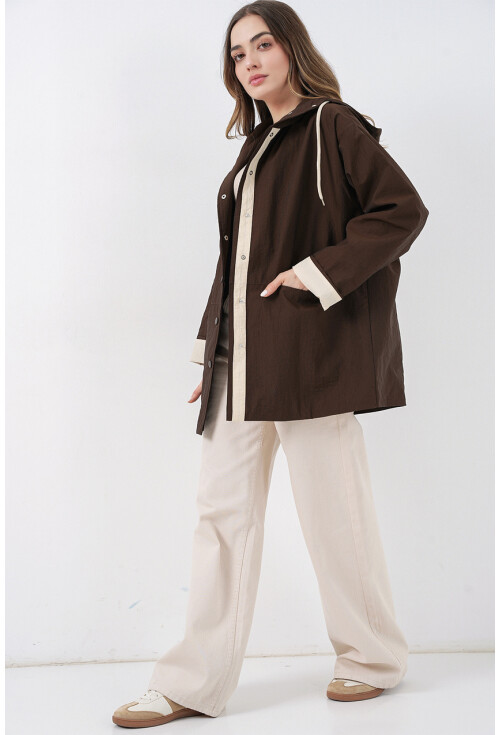 Kadın Teknik Kumaş Kapüşonlu Trençkot 5972