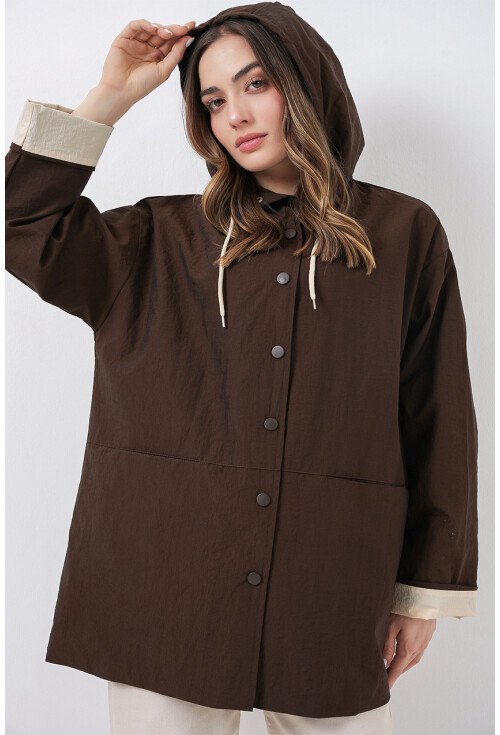 Kadın Teknik Kumaş Kapüşonlu Trençkot 5972