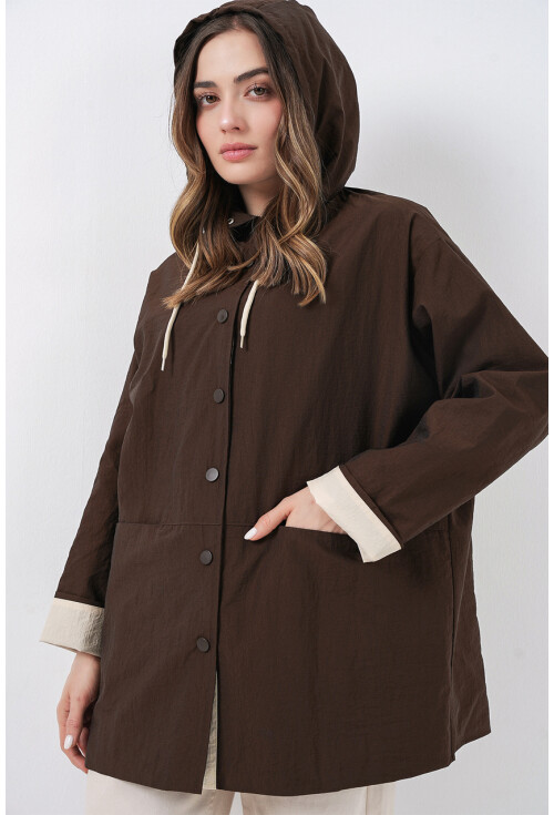 Kadın Teknik Kumaş Kapüşonlu Trençkot 5972