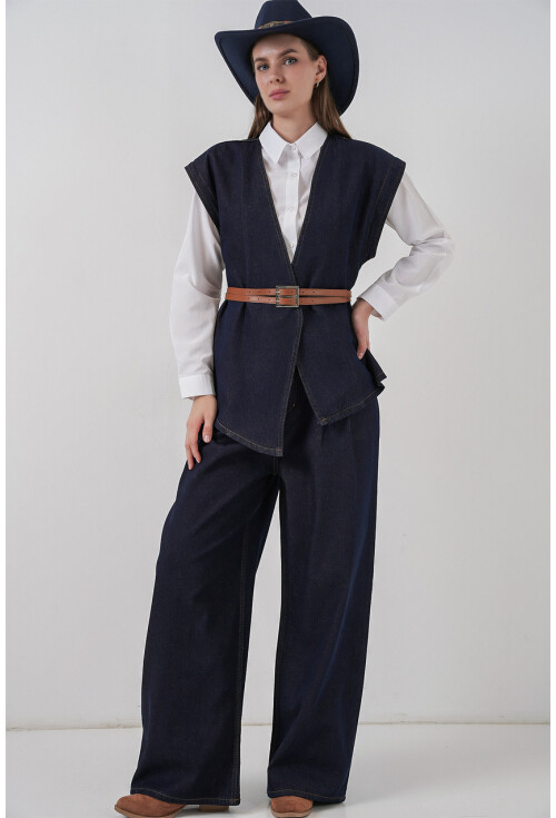 Kadın Yelek Pantolon Kot İkili Takım 30062