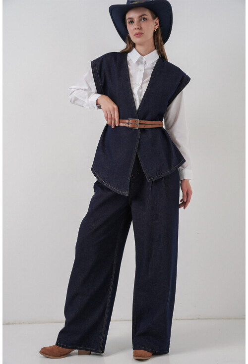 Kadın Yelek Pantolon Kot İkili Takım 30062