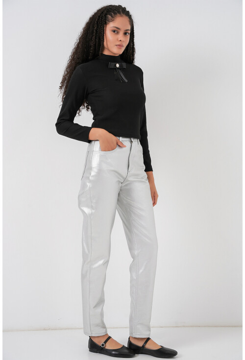 Kadın Yüksek Bel Parlak Pantolon 6738