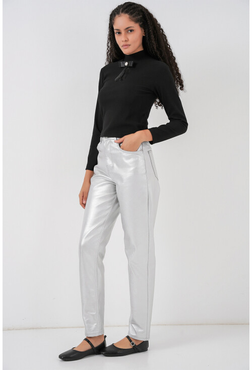 Kadın Yüksek Bel Parlak Pantolon 6738