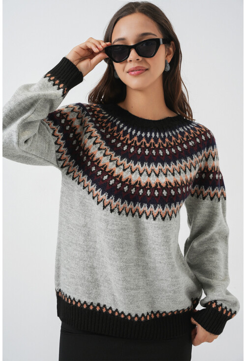 Kadın Yumuşak Dokulu Desenli Triko Kazak 15932