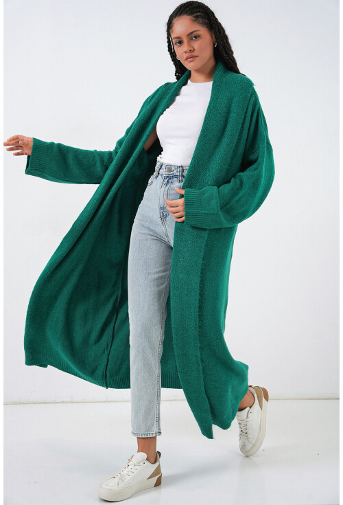 Kadın Yün Dokulu Katlama Yaka Uzun Triko Hırka 15924